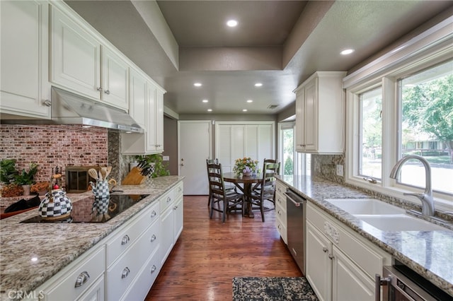 2640 Tenaya Way, Fresno, CA 93711 - kitchen with under cabinet range hood, black electric cooktop, dishwashing machine, white cabinets, and dark wood-style floors