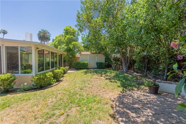 7215 Enfield Ave, Reseda, CA 91335 - view of grassy yard featuring a patio, a shed, and a sunroom