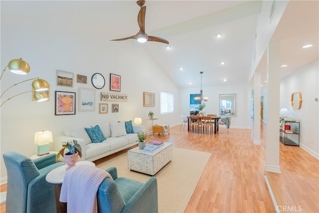 7215 Enfield Ave, Reseda, CA 91335 - living room with light wood-style floors, high vaulted ceiling, ceiling fan, and recessed lighting