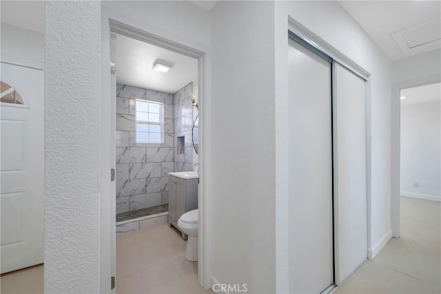 8888 Patrero St, Riverside, CA 92503 - bathroom featuring a stall shower, tile patterned flooring, and vanity