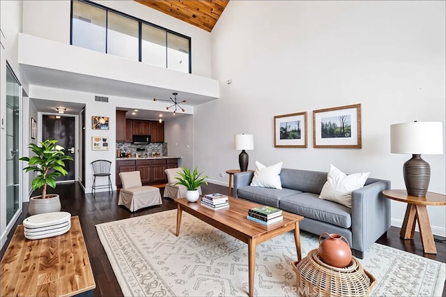 435 S La Fayette Park Pl Unit 311, Los Angeles, CA 90057 - living area with dark wood-type flooring, high vaulted ceiling, and wooden ceiling