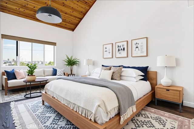 435 S La Fayette Park Pl Unit 311, Los Angeles, CA 90057 - bedroom featuring wooden ceiling, wood finished floors, and high vaulted ceiling