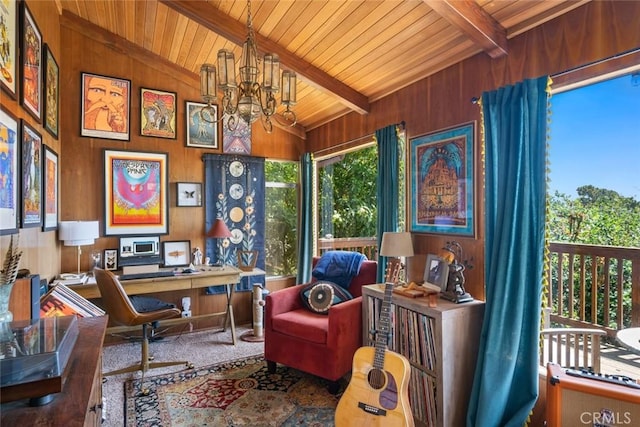 1799 Saint Thomas Ave, Cambria, CA 93428 - office space featuring wooden ceiling, wood walls, and a chandelier