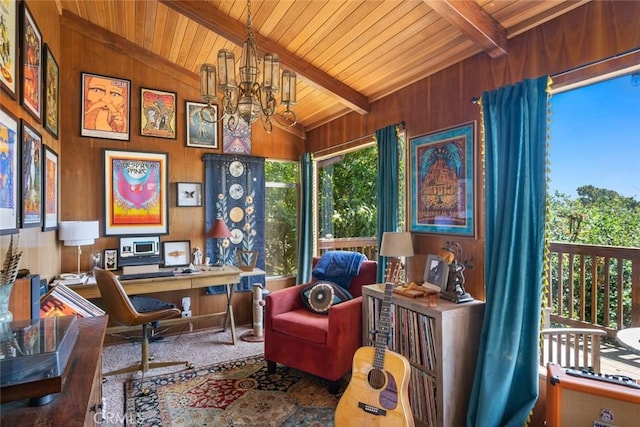 1799 Saint Thomas Ave, Cambria, CA 93428 - office featuring wooden ceiling, wood walls, and a chandelier