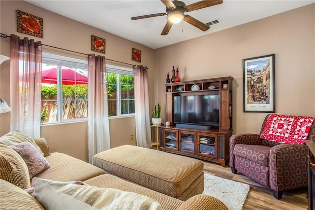 93 Kansas St Unit 205, Redlands, CA 92373 - living room featuring wood finished floors and a ceiling fan