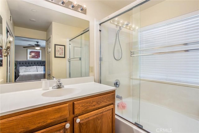 93 Kansas St Unit 205, Redlands, CA 92373 - bathroom featuring ensuite bathroom, bath / shower combo with glass door, vanity, and a ceiling fan