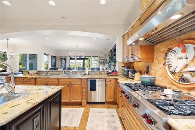 33260 Susan Grace Ct, Temecula, CA 92592 - kitchen with extractor fan, appliances with stainless steel finishes, a chandelier, arched walkways, and recessed lighting