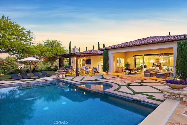 33260 Susan Grace Ct, Temecula, CA 92592 - outdoor pool with an outdoor living space, a patio area, ceiling fan, and outdoor dining area