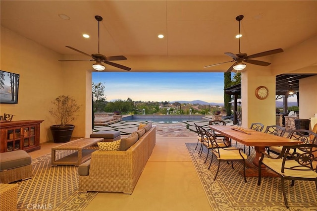 33260 Susan Grace Ct, Temecula, CA 92592 - view of patio / terrace featuring a ceiling fan, a mountain view, and outdoor dining space