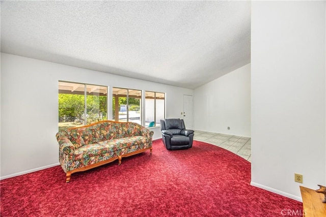 9780 Almeria Ave, Fontana, CA 92335 - living room featuring a textured ceiling, carpet, and vaulted ceiling