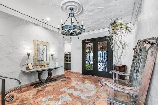 1203 N Sweetzer Ave Unit 215, West Hollywood, CA 90069 - entrance foyer featuring french doors, inlaid floor details, a chandelier, crown molding, and recessed lighting