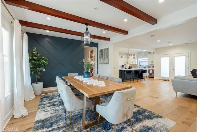 23670 Shirwaun, Apple Valley, CA 92307 - dining area with light wood-style floors, beamed ceiling, french doors, and recessed lighting