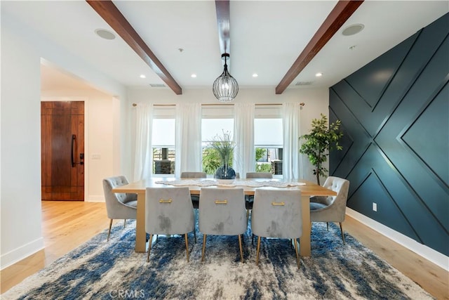 23670 Shirwaun, Apple Valley, CA 92307 - dining area with beam ceiling, light wood-style flooring, and recessed lighting