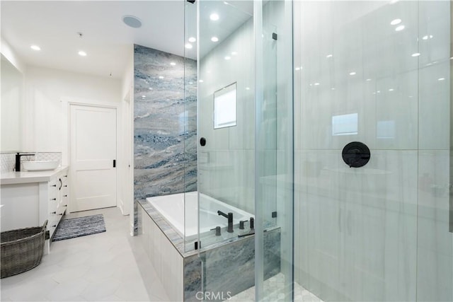 23670 Shirwaun, Apple Valley, CA 92307 - bathroom with a shower stall, a garden tub, vanity, and recessed lighting