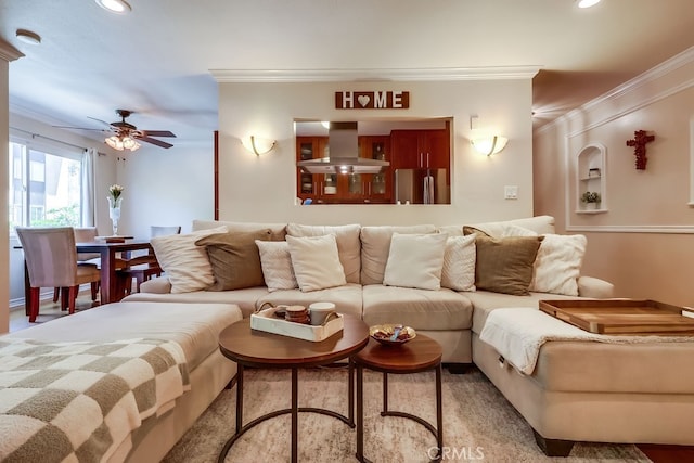 12200 Montecito Rd Unit C103, Seal Beach, CA 90740 - living room with ornamental molding, ceiling fan, and recessed lighting