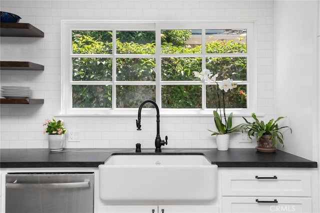 109 Via Ardilla, Palos Verdes Estates, CA 90274 - kitchen with stainless steel dishwasher, tasteful backsplash, white cabinetry, open shelves, and dark countertops