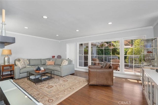 109 Via Ardilla, Palos Verdes Estates, CA 90274 - living room featuring dark wood-style flooring, crown molding, and recessed lighting