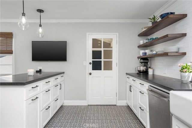 109 Via Ardilla, Palos Verdes Estates, CA 90274 - kitchen featuring dishwasher, open shelves, dark countertops, ornamental molding, and tile patterned floors