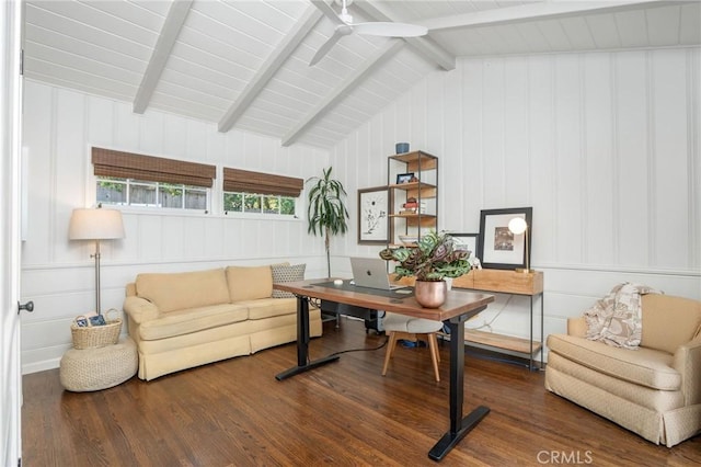 109 Via Ardilla, Palos Verdes Estates, CA 90274 - office space featuring wood finished floors, a ceiling fan, wood ceiling, and a decorative wall