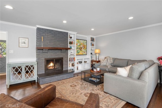 109 Via Ardilla, Palos Verdes Estates, CA 90274 - living room featuring wood finished floors, ornamental molding, recessed lighting, a fireplace, and built in features