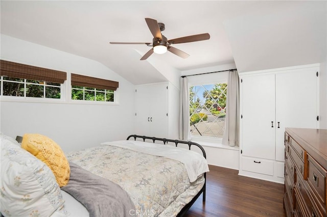 109 Via Ardilla, Palos Verdes Estates, CA 90274 - bedroom with lofted ceiling, dark wood-style flooring, access to exterior, and ceiling fan