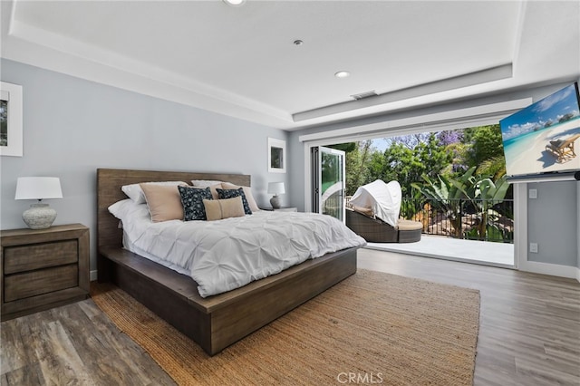 1 Tularosa Ct, Aliso Viejo, CA 92656 - bedroom with a raised ceiling, access to exterior, wood finished floors, and recessed lighting