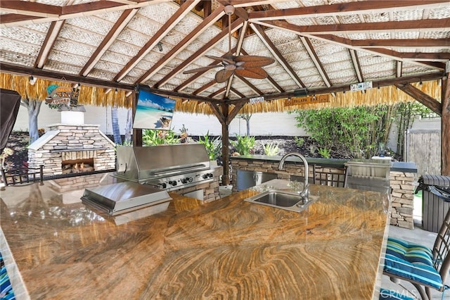 1 Tularosa Ct, Aliso Viejo, CA 92656 - view of patio featuring an outdoor stone fireplace, a gazebo, exterior kitchen, and ceiling fan