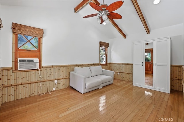 1 Tularosa Ct, Aliso Viejo, CA 92656 - unfurnished room featuring a wainscoted wall, hardwood / wood-style flooring, ceiling fan, beamed ceiling, and cooling unit