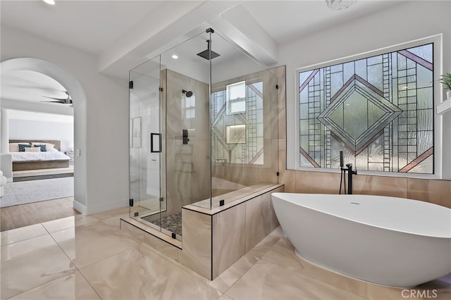 1 Tularosa Ct, Aliso Viejo, CA 92656 - bathroom with a shower stall, a freestanding bath, connected bathroom, recessed lighting, and a ceiling fan