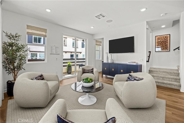1080 Foothill Blvd, Claremont, CA 91711 - living area with stairs, wood finished floors, and recessed lighting