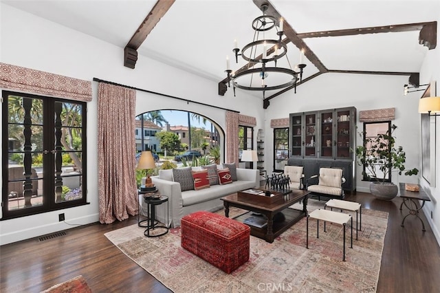 282 Argonne Ave, Long Beach, CA 90803 - living area featuring beamed ceiling, a chandelier, healthy amount of natural light, wood finished floors, and high vaulted ceiling
