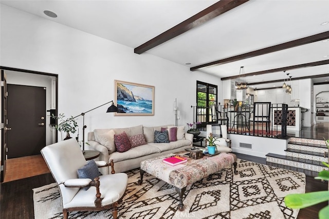 282 Argonne Ave, Long Beach, CA 90803 - living area with wood finished floors, beamed ceiling, and a chandelier