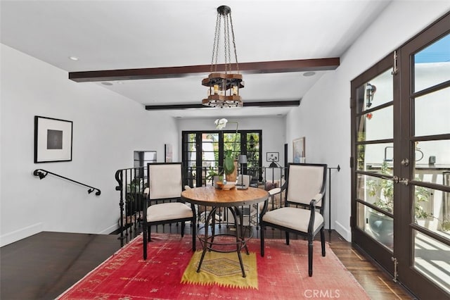 282 Argonne Ave, Long Beach, CA 90803 - dining area with french doors, wood finished floors, a chandelier, and beam ceiling