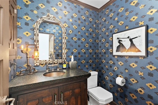 282 Argonne Ave, Long Beach, CA 90803 - half bathroom featuring crown molding, vanity, and wallpapered walls