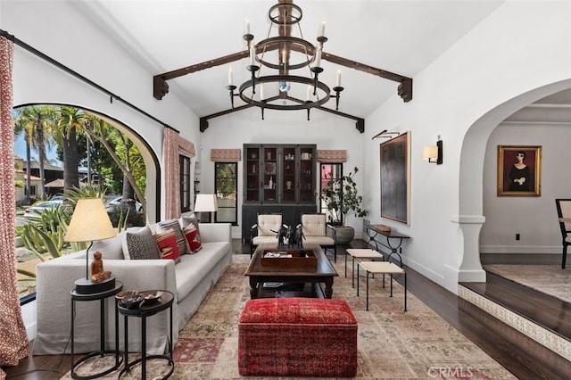 282 Argonne Ave, Long Beach, CA 90803 - living area with a chandelier, arched walkways, and wood finished floors