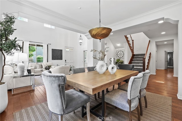11 Heartwood Way, Aliso Viejo, CA 92656 - dining space with stairway, hardwood / wood-style flooring, crown molding, and recessed lighting