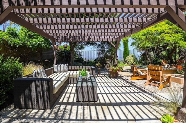 11 Heartwood Way, Aliso Viejo, CA 92656 - wooden terrace with an outdoor living space, a fenced backyard, a pergola, and a patio area