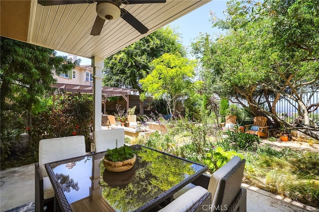 11 Heartwood Way, Aliso Viejo, CA 92656 - fenced backyard with a ceiling fan, outdoor dining area, a patio, and a pergola