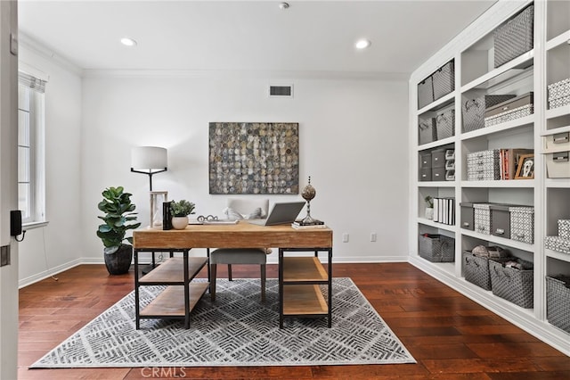 11 Heartwood Way, Aliso Viejo, CA 92656 - office with ornamental molding, hardwood / wood-style flooring, recessed lighting, and built in shelves