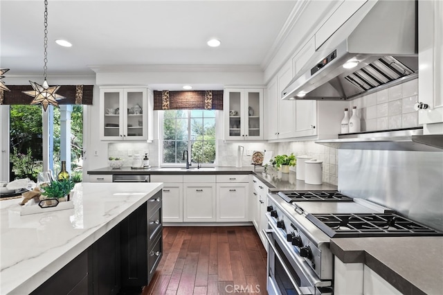 11 Heartwood Way, Aliso Viejo, CA 92656 - kitchen with extractor fan, stainless steel appliances, plenty of natural light, glass insert cabinets, and ornamental molding