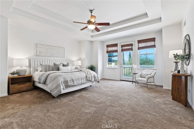 11 Heartwood Way, Aliso Viejo, CA 92656 - bedroom featuring a raised ceiling, access to outside, carpet floors, and ceiling fan