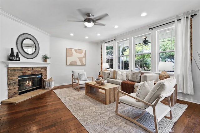 11 Heartwood Way, Aliso Viejo, CA 92656 - living area featuring a ceiling fan, ornamental molding, hardwood / wood-style flooring, recessed lighting, and a fireplace