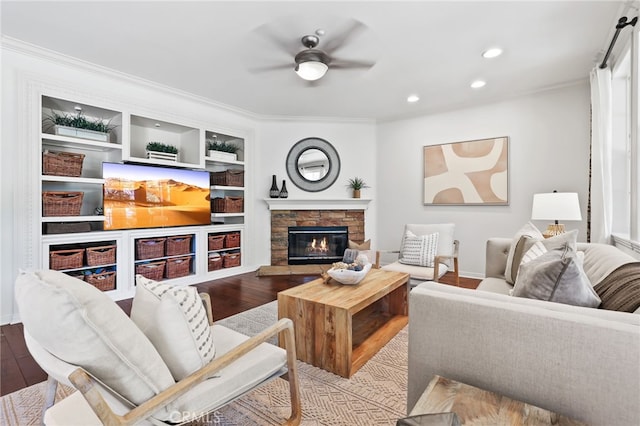 11 Heartwood Way, Aliso Viejo, CA 92656 - living room with wood finished floors, ornamental molding, a ceiling fan, a fireplace, and recessed lighting