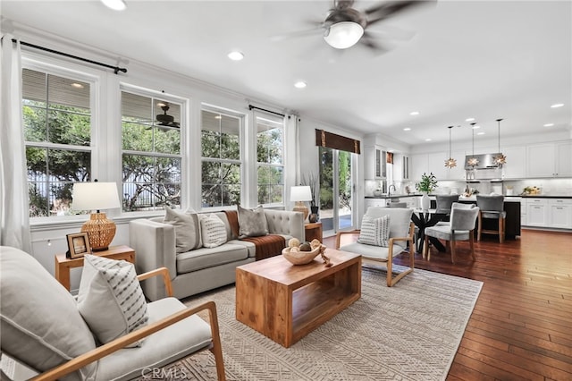 11 Heartwood Way, Aliso Viejo, CA 92656 - living room featuring ceiling fan, healthy amount of natural light, recessed lighting, and hardwood / wood-style floors
