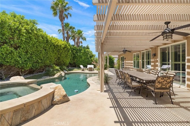 79787 Parkway Esplanade N, La Quinta, CA 92253 - view of pool with a ceiling fan, a patio, outdoor dining area, and a pool with connected hot tub