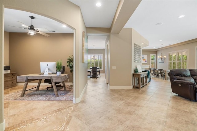 79787 Parkway Esplanade N, La Quinta, CA 92253 - home office featuring a chandelier, recessed lighting, a ceiling fan, light tile patterned floors, and healthy amount of natural light
