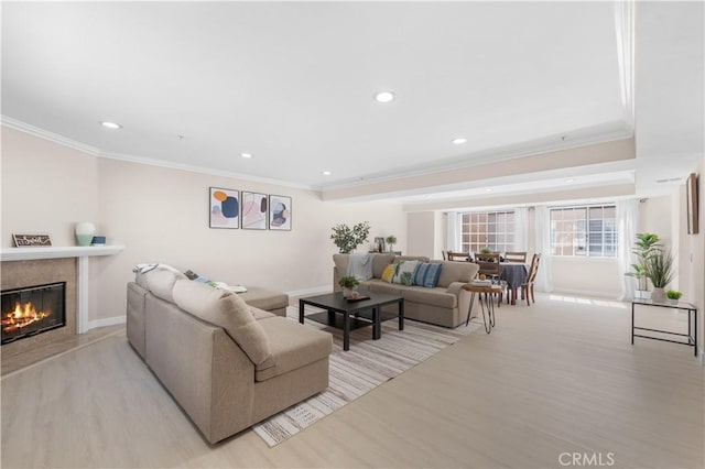 150 Diamond St Unit B, Arcadia, CA 91006 - living area featuring ornamental molding, light wood finished floors, a fireplace, and recessed lighting
