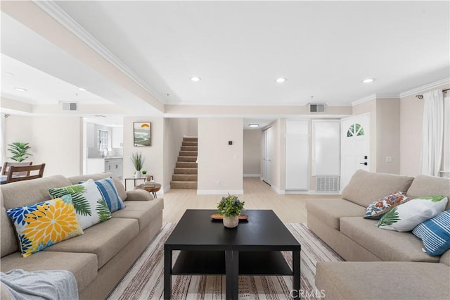 150 Diamond St Unit B, Arcadia, CA 91006 - living room with stairway, light wood-type flooring, crown molding, and recessed lighting