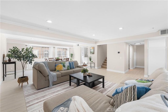 150 Diamond St Unit B, Arcadia, CA 91006 - living room featuring stairway, light wood-style flooring, recessed lighting, and ornamental molding