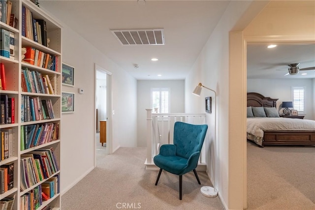 1827 Montecito Ln, Redlands, CA 92374 - sitting room with carpet flooring, healthy amount of natural light, a ceiling fan, recessed lighting, and an upstairs landing